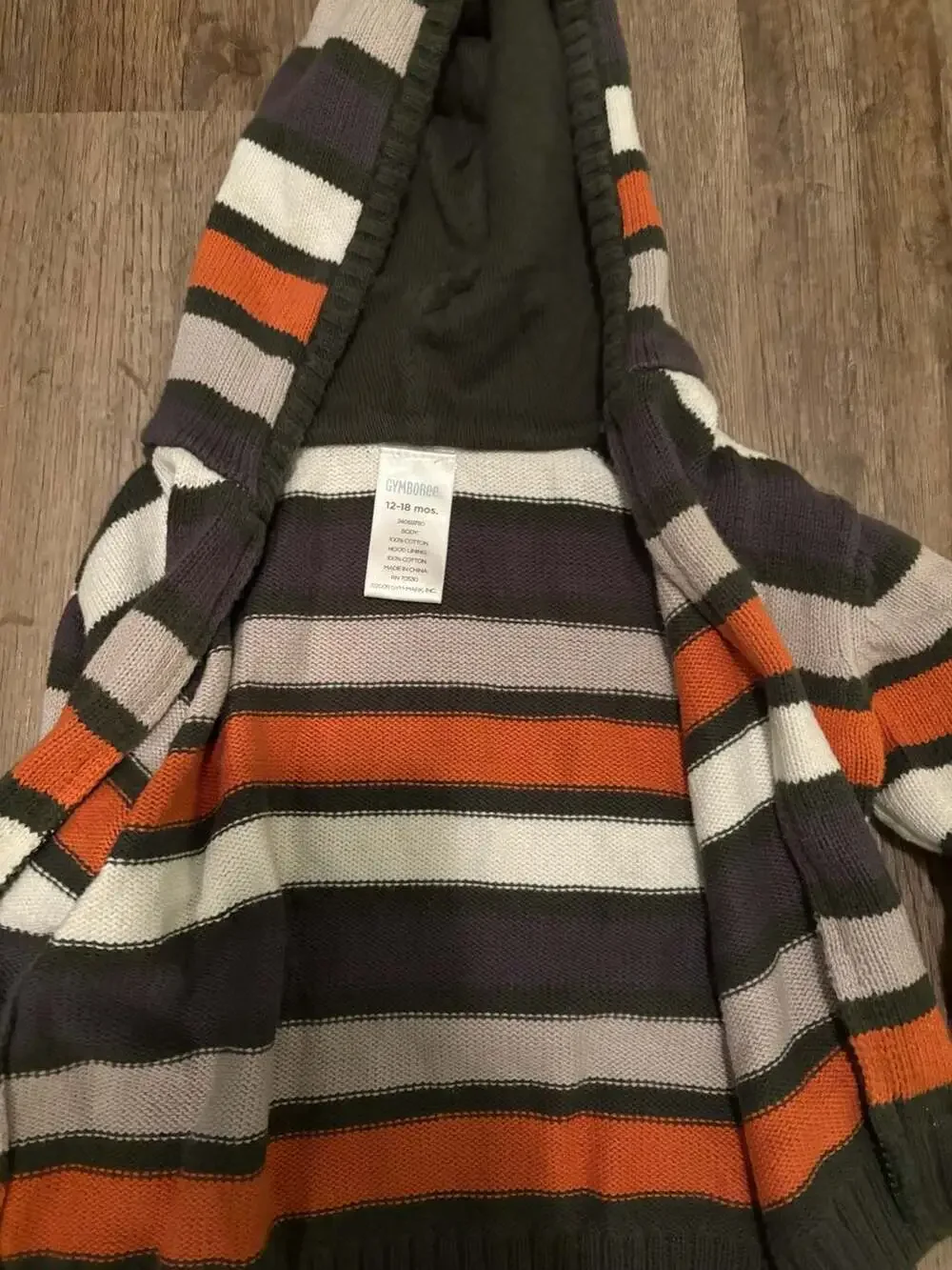 Gymboree 12-18 Months Boys Orange Grey White Striped Full Zip Knit Hooded Sweate
